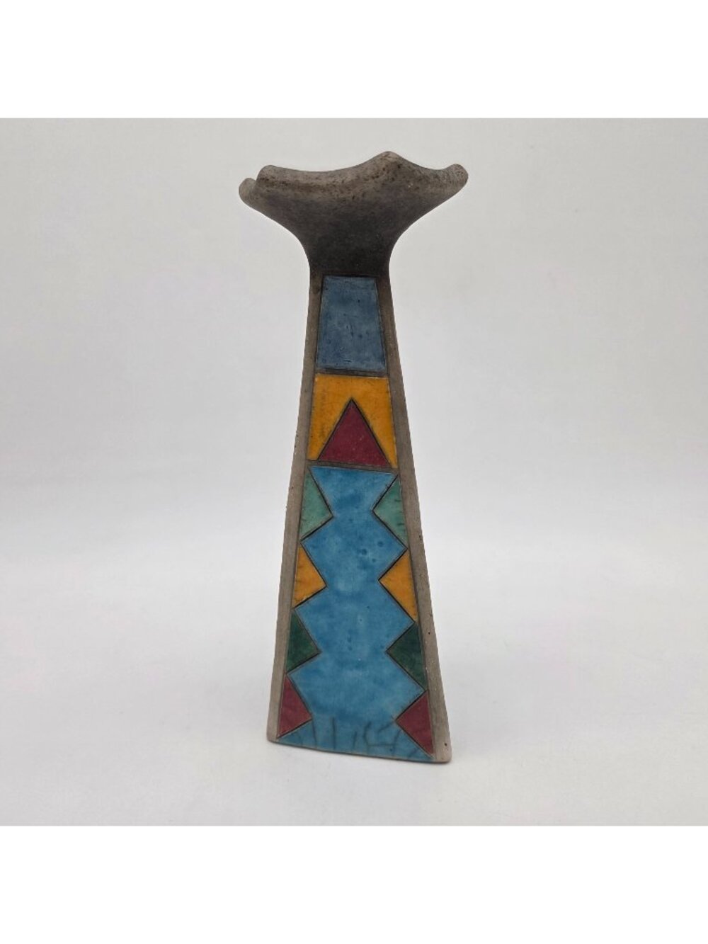 Vintage S. African Raku Vase Candle Holder Pottery Smoked Tripod Triangular  10"